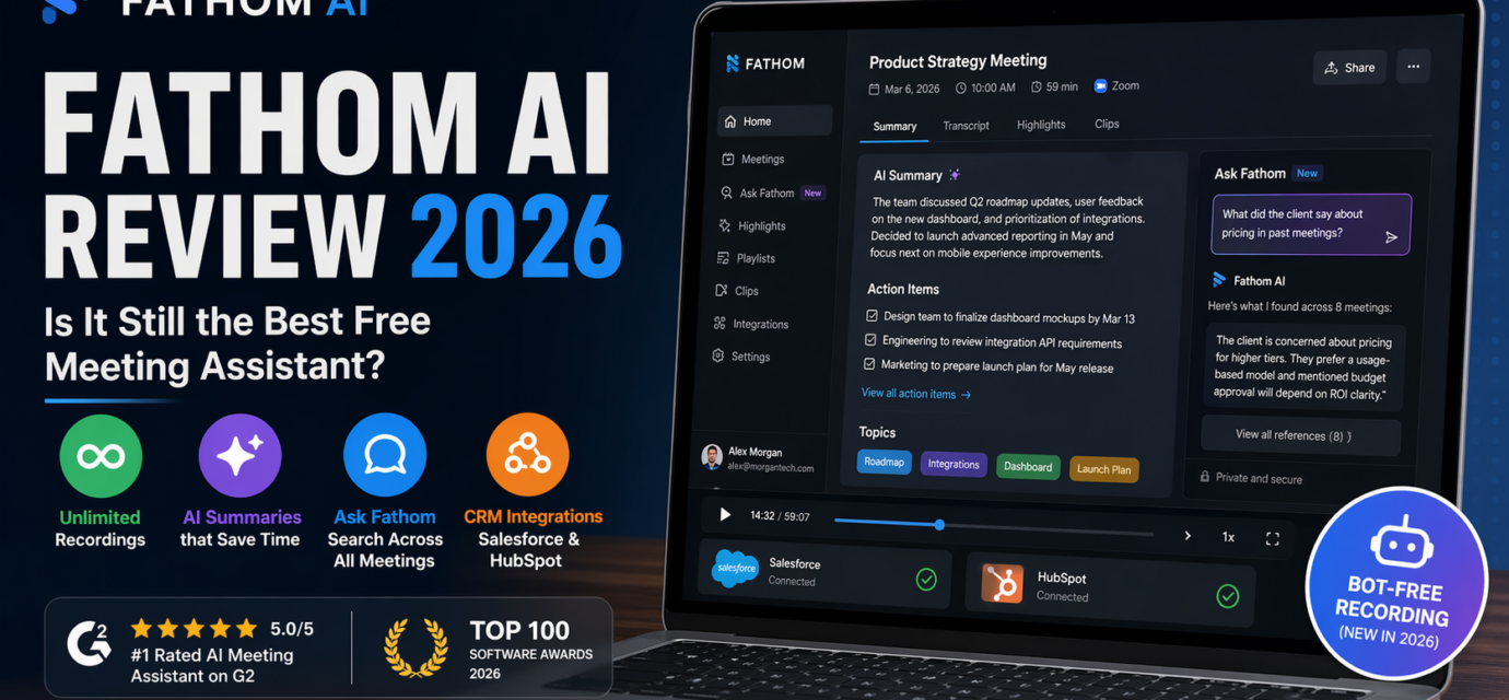 Fathom AI meeting assistant dashboard showing transcription summaries and Ask Fathom feature in 2026