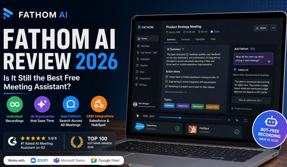 Fathom AI meeting assistant dashboard showing transcription summaries and Ask Fathom feature in 2026
