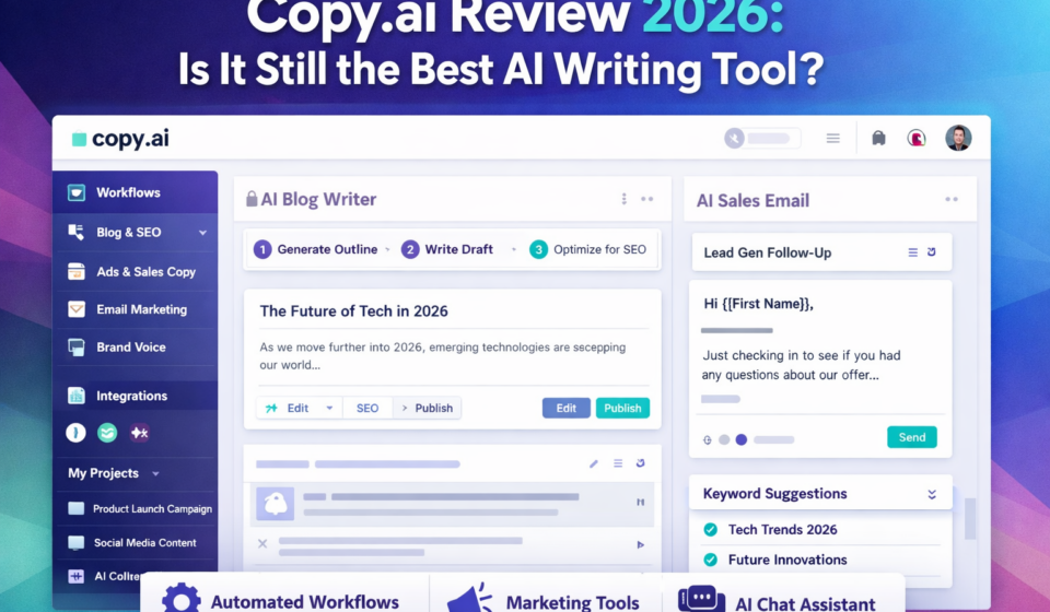 Copy.ai dashboard interface showing AI writing and workflow automation features in 2026