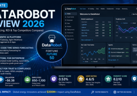DataRobot Review 2026 dashboard showing AutoML, Agentic AI platform and time series forecasting tools
