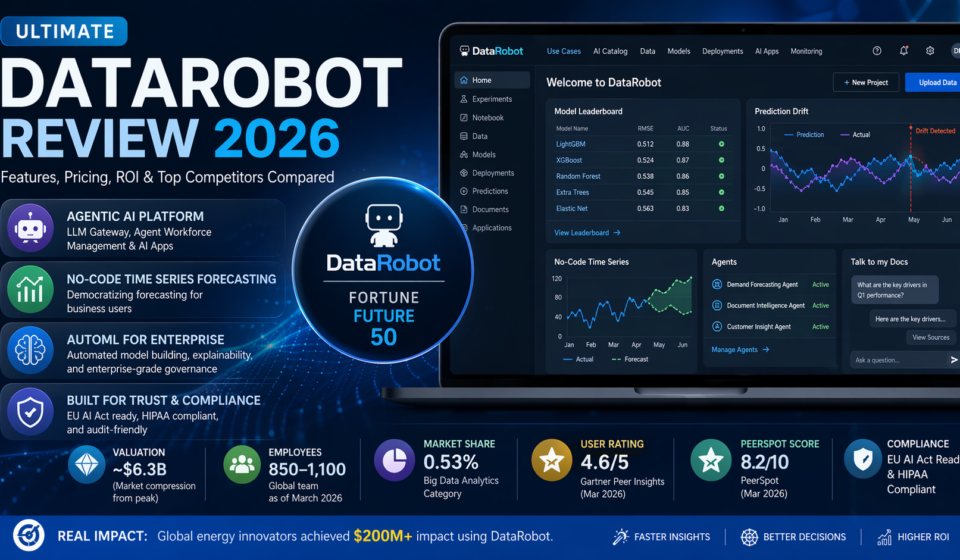 DataRobot Review 2026 dashboard showing AutoML, Agentic AI platform and time series forecasting tools