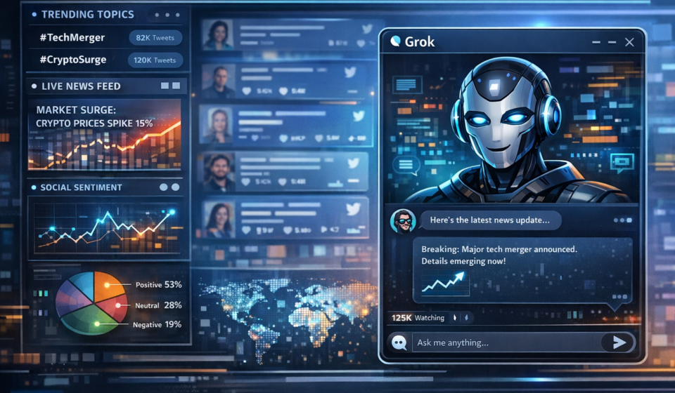 Grok AI 2026 interface showing real-time data analysis and chat interaction