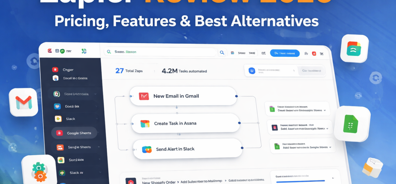 zapier review 2026 dashboard showing automation workflows
