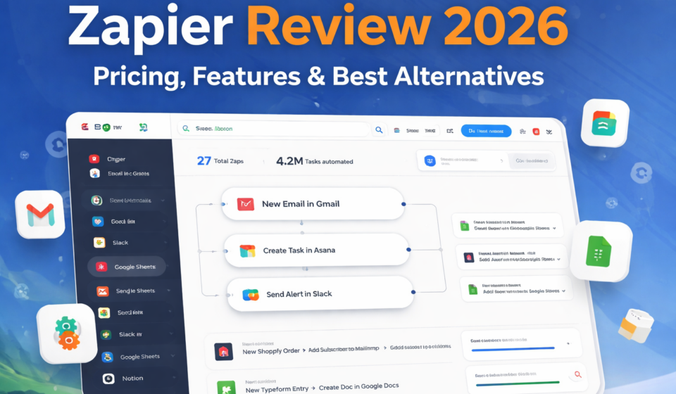 zapier review 2026 dashboard showing automation workflows