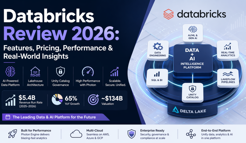 Databricks Review 2026 dashboard showing AI data platform features and lakehouse architecture