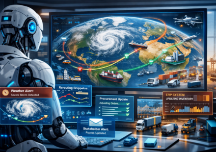 Agentic AI system autonomously rerouting global supply chains based on real-time weather data and logistics insights