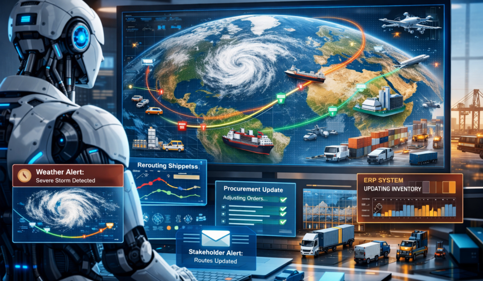 Agentic AI system autonomously rerouting global supply chains based on real-time weather data and logistics insights
