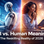 AI reskilling 2026 showing human meaning-making vs AI automation