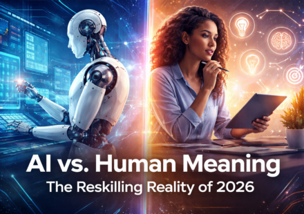 AI reskilling 2026 showing human meaning-making vs AI automation