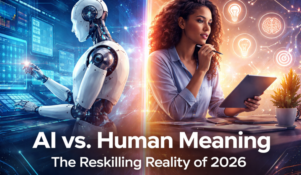 AI reskilling 2026 showing human meaning-making vs AI automation
