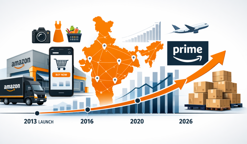 Amazon India growth timeline 2013 to 2026 infographic