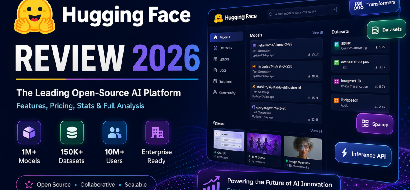 Hugging Face Review 2026 AI platform dashboard showing models datasets and features