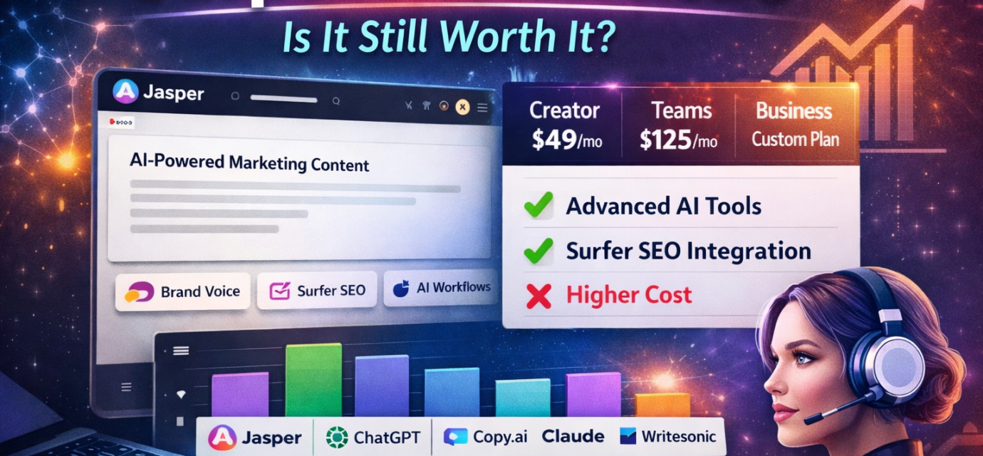 Jasper Review 2026 dashboard showing AI writing features and pricing plans