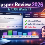 Jasper Review 2026 dashboard showing AI writing features and pricing plans