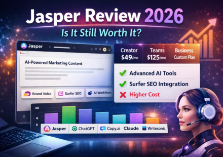 Jasper Review 2026 dashboard showing AI writing features and pricing plans