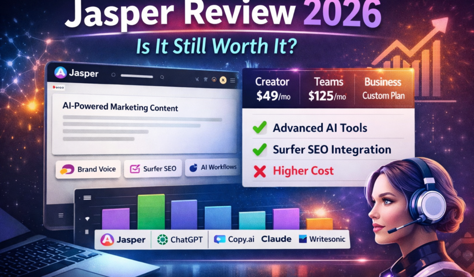 Jasper Review 2026 dashboard showing AI writing features and pricing plans