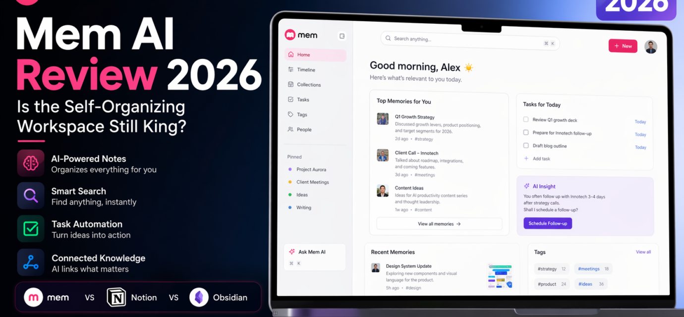 Mem AI dashboard interface 2026 showing AI-powered note organization