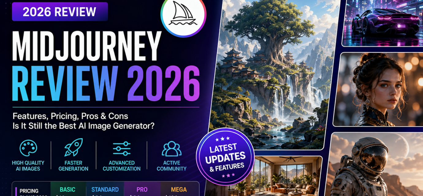 Midjourney Review 2026 showcasing AI-generated artwork and features