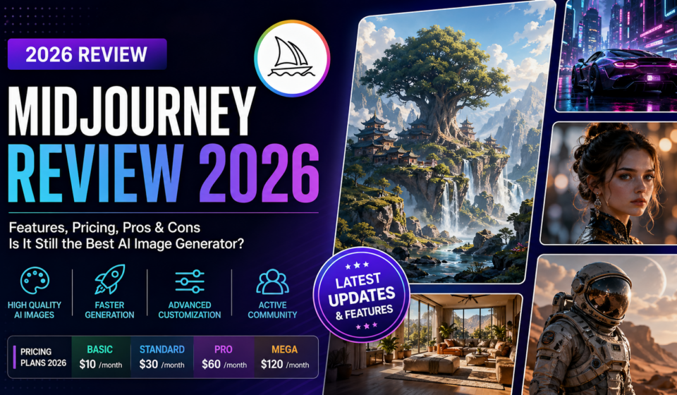 Midjourney Review 2026 showcasing AI-generated artwork and features